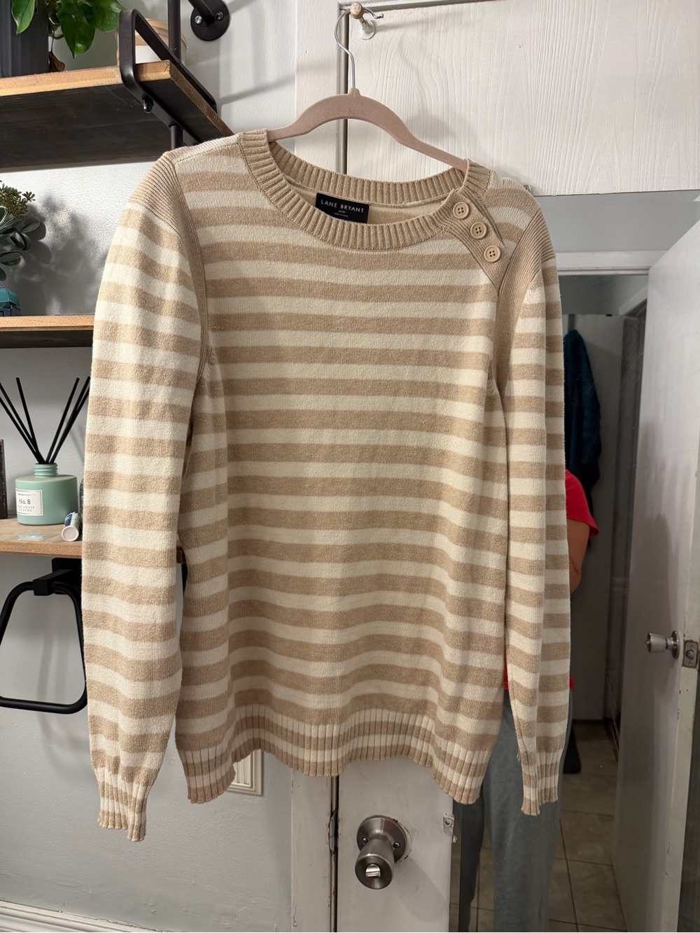 Lane Bryant Cream and Tan Striped Button-Shoulder Crew Sweater